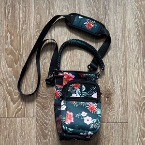 Tropical floral, dark green, neoprene water bottle crossbody bag